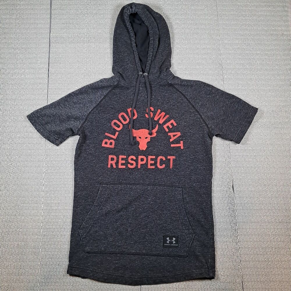 Under Armour Project Rock Hoodie Mens S Black Short Sleeve Blood Sweat Respect